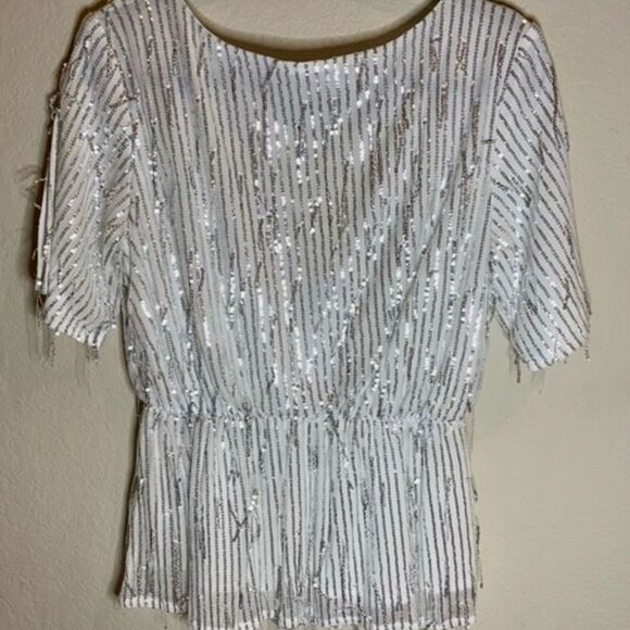 Silver Sequin NWOT V-neck Festive Top Sz M - Picture 4 of 7